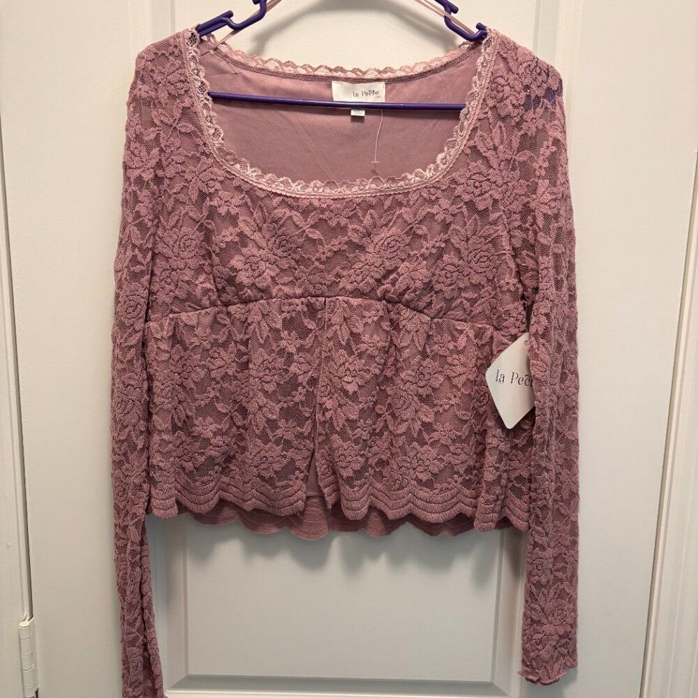 La Peche NWT Mauve Pink Lace Long Sleeve Top Fully Lined XL Romantic - Picture 3 of 9